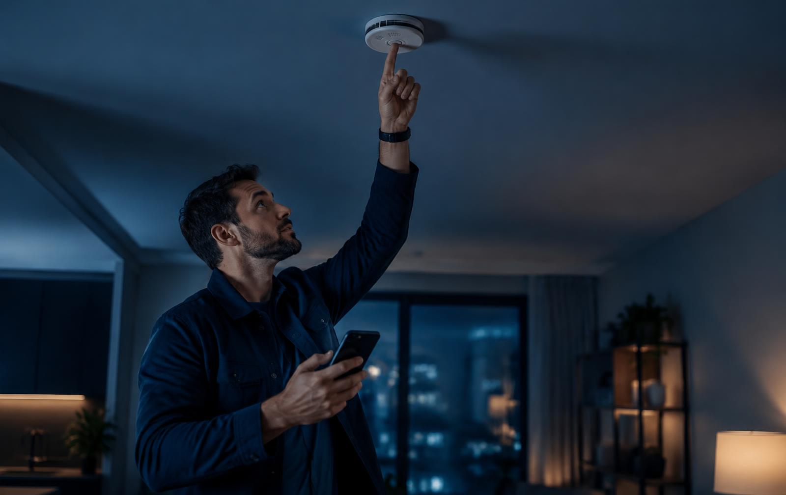 Landlord testing a smoke alarm while using the NSPIREcheck app